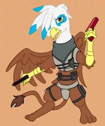 Size: 1024x1231 | Tagged: safe, artist:irkengeneral, derpibooru import, oc, oc:henrietta firebright, unofficial characters only, gryphon, fallout equestria, fallout equestria: pink eyes, bipedal, fallout, female, gun, handgun, open mouth, pistol, simple background, weapon, wings