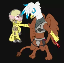 Size: 1024x1006 | Tagged: safe, artist:irkengeneral, derpibooru import, oc, oc:henrietta firebright, oc:puppysmiles, unofficial characters only, earth pony, gryphon, pony, fallout equestria, fallout equestria: pink eyes, fanfic, black background, fallout, fanfic art, female, filly, foal, gun, handgun, hazmat suit, hooves, open mouth, pistol, saddle bag, simple background, weapon, wings