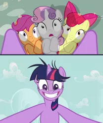 Size: 1000x1200 | Tagged: apple bloom, cutie mark crusaders, derpibooru import, edit, edited screencap, hearts and hooves day (episode), imminent rape, implied foalcon, rapeface, scootaloo, screencap, suggestive, sweetie belle, this will end in jail time, twilight snapple, twilight sparkle, varying degrees of want
