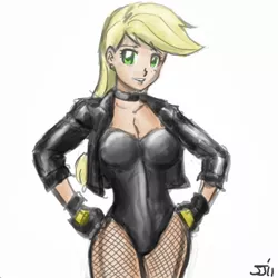 Size: 700x700 | Tagged: applebucking thighs, applejack, artist:johnjoseco, artist:michos, black canary, breasts, busty applejack, clothes, colored, color edit, cosplay, costume, crossover, dc comics, derpibooru import, edit, female, human, humanized, leotard, solo, solo female, suggestive, superhero