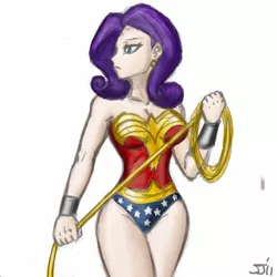 Size: 700x700 | Tagged: artist:johnjoseco, artist:michos, bare shoulders, breasts, clothes, colored, color edit, cosplay, costume, crossover, dc comics, derpibooru import, edit, female, human, humanized, rarity, sleeveless, solo, solo female, strapless, suggestive, wonder woman
