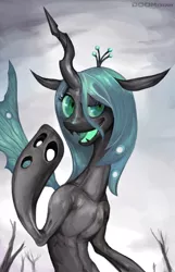 Size: 580x900 | Tagged: dead source, safe, artist:doomchan, derpibooru import, queen chrysalis, changeling, changeling queen, semi-anthro, fangs, female, image, looking at you, open mouth, png, raised hoof, signature, smiling, solo