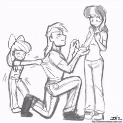 Size: 850x850 | Tagged: apple bloom, artist:johnjoseco, big macintosh, cheerilee, cheerimac, derpibooru import, engagement ring, female, grayscale, human, humanized, love poison, male, marriage proposal, monochrome, ring, safe, shipping, straight