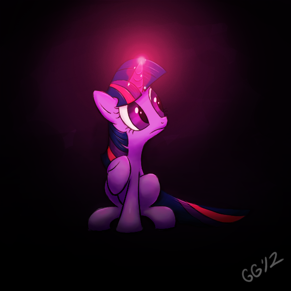 Size: 600x600 | Tagged: safe, artist:gloomygoomba, derpibooru import, twilight sparkle, pony, unicorn, dark, female, glowing horn, horn, mare, raised hoof, sitting, solo, unicorn twilight