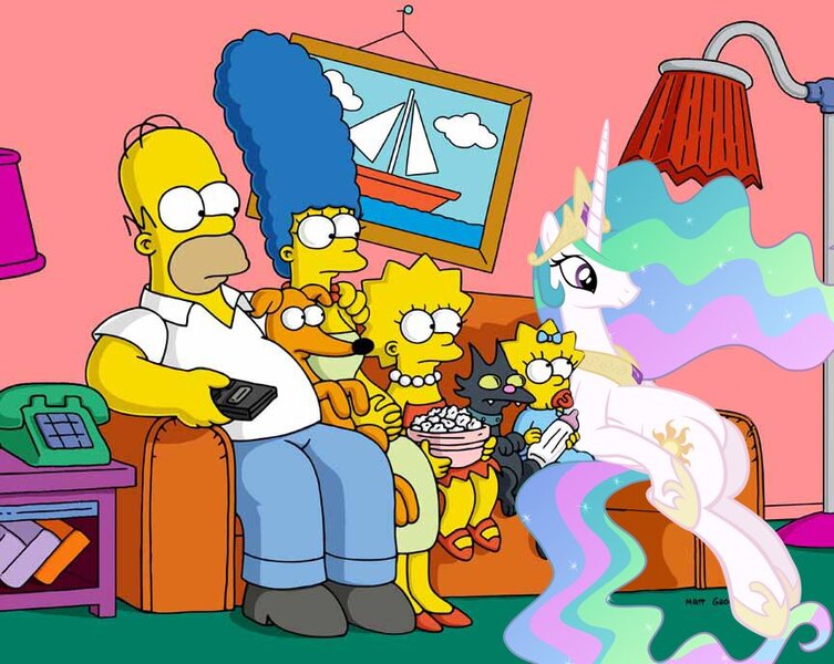 Size: 864x688 | Tagged: safe, derpibooru import, princess celestia, couch, couch gag, crossover, homer simpson, image, jpeg, lisa simpson, maggie simpson, marge simpson, replacement, santa's little helper, sitting, snowball ii, the simpsons