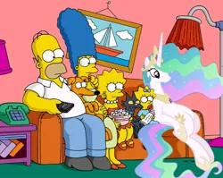 Size: 864x688 | Tagged: couch, couch gag, crossover, derpibooru import, homer simpson, lisa simpson, maggie simpson, marge simpson, princess celestia, replacement, safe, santa's little helper, sitting, snowball ii, the simpsons