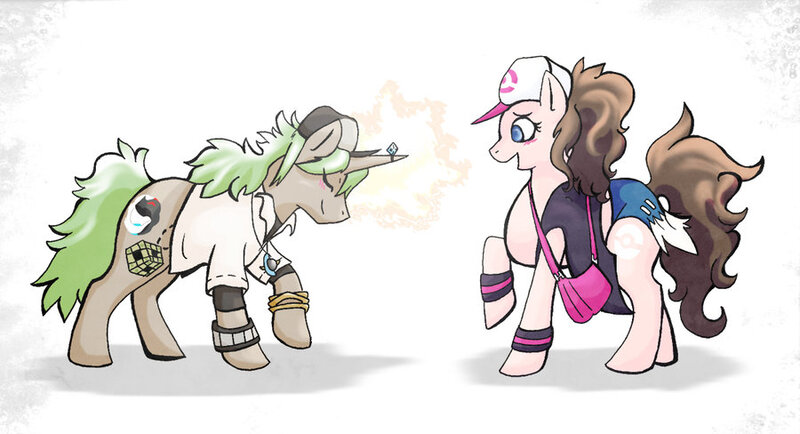 Size: 900x488 | Tagged: safe, artist:justasuta, derpibooru import, ponified, earth pony, natural harmonia gropius, pony, unicorn, bag, blushing, bracelet, clothes, female, ferriswheelshipping, hat, hilda, male, mare, n, necklace, pokémon, ring, shipping, stallion, straight, touko, white