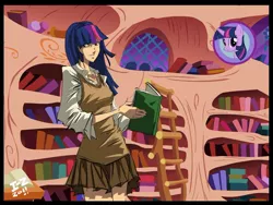 Size: 900x675 | Tagged: artist:irving-zero, book, clothes, derpibooru import, golden oaks library, humanized, no more ponies at source, safe, skirt, solo, twilight sparkle