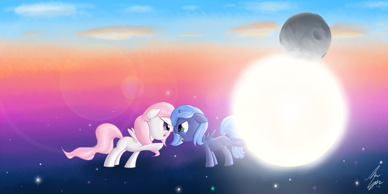 Size: 3500x1750 | Tagged: safe, artist:sameasusual, derpibooru import, princess celestia, princess luna, pony, argument, celestial mechanics, cewestia, day, filly, foal, moon, night, sibling rivalry, stars, sun, sun vs moon, woona