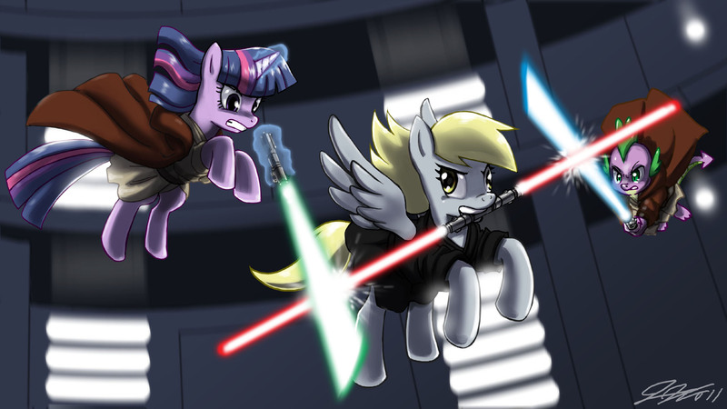 Size: 1920x1080 | Tagged: safe, artist:johnjoseco, derpibooru import, derpy hooves, spike, twilight sparkle, dragon, pegasus, pony, unicorn, crossover, darth maul, double lightsaber, duel, epic derpy, female, jedi, lightsaber, magic, mare, obi wan kenobi, qui-gon jinn, sith, star wars, unicorn twilight, weapon