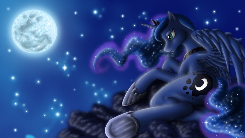 Size: 2500x1406 | Tagged: artist:anadukune, derpibooru import, moon, night, princess luna, prone, safe, solo