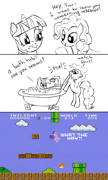 Size: 1126x1879 | Tagged: artist:cyb3rwaste, bath, bathtub, bubble bath, claw foot bathtub, crossover, derpibooru import, drain plug, pinkie pie, plug, safe, super mario bros., twilight sparkle