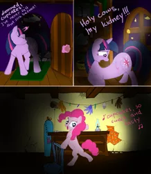 Size: 1111x1272 | Tagged: semi-grimdark, artist:cyb3rwaste, derpibooru import, pinkie pie, twilight sparkle, earth pony, pony, unicorn, bipedal, charlie the unicorn, female, mare, parody, severed wing