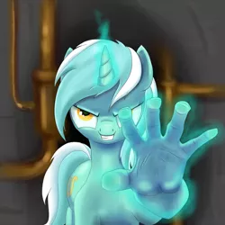 Size: 1200x1200 | Tagged: artist:cyb3rwaste, derpibooru import, evil grin, grin, hand, looking at you, lyra heartstrings, magic, magic hands, safe, smiling, suddenly hands, that pony sure does love hands, vibe check