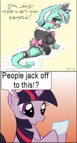 Size: 271x499 | Tagged: suggestive, derpibooru import, lyra heartstrings, twilight sparkle, pony, sea pony, unicorn, clopping meme, clothes, exploitable meme, female, implied masturbation, maid, mare, meme, seapony lyra