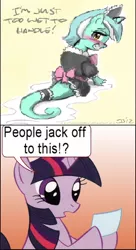 Size: 271x499 | Tagged: suggestive, derpibooru import, lyra heartstrings, twilight sparkle, pony, sea pony, unicorn, clopping meme, clothes, exploitable meme, female, implied masturbation, maid, mare, meme, seapony lyra