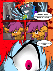Size: 800x1081 | Tagged: artist:doomy, blood, chains, comic, derpibooru import, dialogue, evil grin, fanfic:rainbow factory, grimace, grimdark, grin, looking at each other, messy mane, pegasus, rainbow dash, scootabuse, scootaloo, smiling