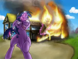 Size: 1600x1200 | Tagged: safe, artist:conicer, derpibooru import, twilight sparkle, pony, unicorn, fanfic, arson, burning, cover, dmv, fanfic art, fanfic cover, female, fire, g4, insanity, levitation, magic, mare, solo, telekinesis, this ended in fire, twilight snapple