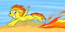 Size: 1000x500 | Tagged: safe, artist:calicopikachu, derpibooru import, spitfire, pegasus, pony, fire, fire trail, flying, grin, solo, spitfiery