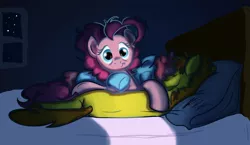 Size: 1122x652 | Tagged: safe, artist:rannva, derpibooru import, carrot cake, cup cake, pinkie pie, bed, bisexual, cakepie, carrot cup, carrotpie, cuddling, door, female, lesbian, male, night, ot3, shipping, sleeping, snuggling, straight