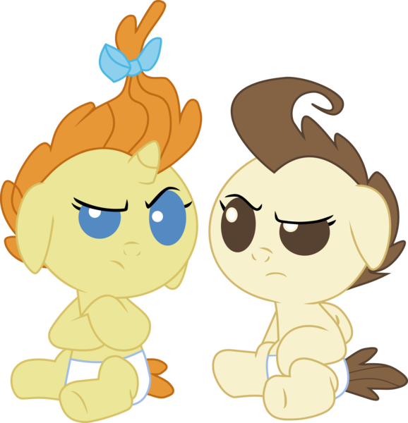 Size: 5783x6000 | Tagged: absurd resolution, agitated, artist:ownageownz, babies, baby ponies, cake twins, crossed hooves, derpibooru import, diaper, diapered, diapered colt, diapered filly, diapered foals, duo, female, filly, looking at each other, one month old colt, one month old filly, one month old foals, pound cake, pumpkin cake, safe, siblings, simple background, transparent background, twins, vector, white diapers