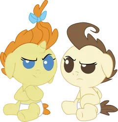 Size: 5783x6000 | Tagged: absurd resolution, agitated, artist:ownageownz, babies, baby ponies, cake twins, crossed hooves, derpibooru import, diaper, diapered, diapered colt, diapered filly, diapered foals, duo, female, filly, looking at each other, one month old colt, one month old filly, one month old foals, pound cake, pumpkin cake, safe, siblings, simple background, transparent background, twins, vector, white diapers