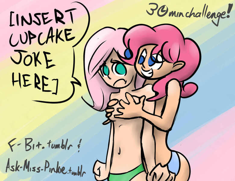 Size: 1280x985 | Tagged: artist:f-bit, bad touch, belly button, blue underwear, breast fondling, breast grab, breasts, clothes, derpibooru import, female, flutterpie, fluttershy, green underwear, grope, humanized, lesbian, molestation, nudity, panties, personal space invasion, pinkie pie, questionable, shipping, topless, underwear