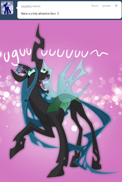 Size: 698x1037 | Tagged: safe, artist:tarajenkins, derpibooru import, queen chrysalis, changeling, changeling queen, cupidite, ask, awesome face, dialogue, faic, fangs, female, flehmen response, hoers, horses doing horse things, image, looking up, nightmare fuel, png, raised hoof, smiling, solo, standing, tumblr, uguu