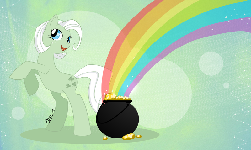 Size: 1280x768 | Tagged: artist:ellisarts, derpibooru import, g1, g1 to g4, generation leap, minty (g1), pot of gold, rainbow, safe