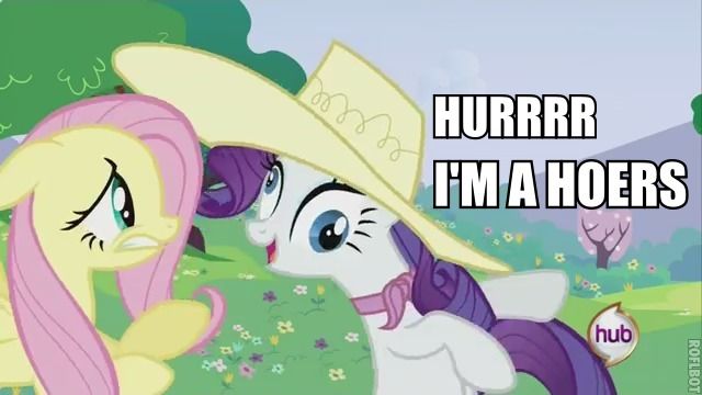 Size: 640x360 | Tagged: a canterlot wedding, derp, derpibooru import, edit, edited screencap, faic, fluttershy, hat, hoers, hurr durr, image macro, rarity, safe, screencap, sun hat