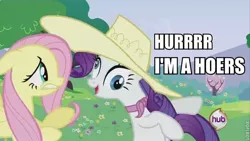 Size: 640x360 | Tagged: a canterlot wedding, derp, derpibooru import, edit, edited screencap, faic, fluttershy, hat, hoers, hurr durr, image macro, rarity, safe, screencap, sun hat