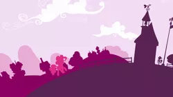 Size: 1920x1080 | Tagged: safe, artist:moabite, derpibooru import, pinkie pie, earth pony, pony, cloud, female, hooves, lineless, mare, minimalist, ponyville, ponyville schoolhouse, school, silhouette, solo, wallpaper