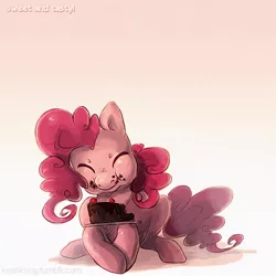 Size: 650x650 | Tagged: artist:kaceymeg, cake, derpibooru import, eating, eyes closed, food, pinkie pie, safe, solo