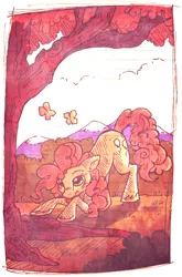Size: 520x789 | Tagged: safe, artist:koshi-doshi, derpibooru import, pinkie pie, butterfly, face down ass up, solo, tongue out, tree