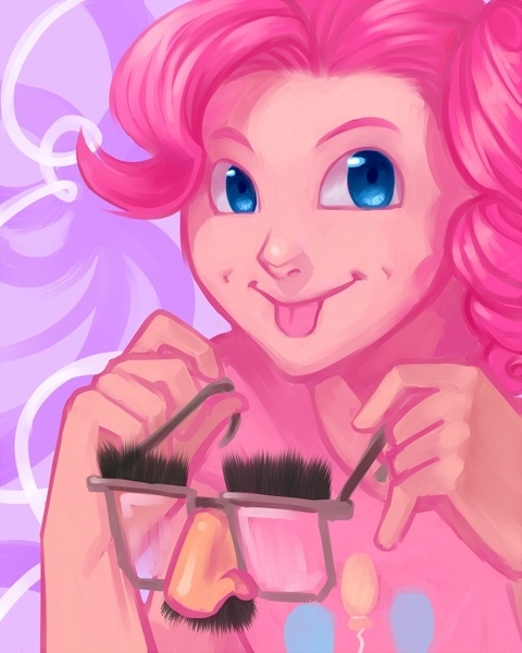 Size: 600x750 | Tagged: safe, artist:t1mco, derpibooru import, pinkie pie, groucho mask, humanized, solo, tongue out