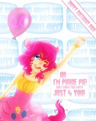 Size: 977x1231 | Tagged: artist:fuzzai, balloon, derpibooru import, eared humanization, humanized, pinkie pie, safe, solo, tailed humanization