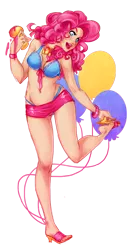 Size: 600x1106 | Tagged: artist:snowkatt101, blue underwear, bra, breasts, busty pinkie pie, clothes, derpibooru import, drink, female, humanized, messy, miniskirt, panties, pinkie pie, simple background, skirt, solo, solo female, suggestive, thong, transparent background, underwear