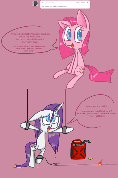 Size: 1280x1920 | Tagged: semi-grimdark, artist:voids-edge, derpibooru import, pinkie pie, rarity, earth pony, pony, unicorn, ask, comic, female, gasoline, imminent death, mare, peril, pinkamena diane pie, question pinkamena, tumblr