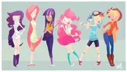 Size: 2000x1130 | Tagged: applejack, artist:nickswift, book, clothes, converse, derpibooru import, dress, fluttershy, goggles, humanized, mane six, pinkie pie, rainbow dash, rarity, safe, shoes, skinny, skirt, twilight sparkle