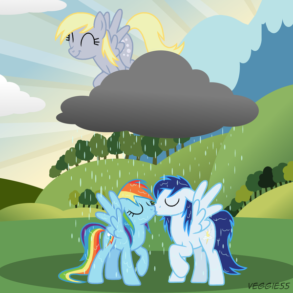 Size: 1500x1500 | Tagged: safe, artist:veggie55, derpibooru import, derpy hooves, rainbow dash, soarin', pegasus, pony, cloud, cloudy, eyes closed, female, kissing, male, mare, rain, raincloud, shipping, soarindash, straight, trio, wet mane