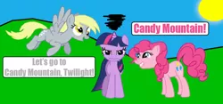 Size: 900x420 | Tagged: safe, artist:death-driver-5000, artist:ecto-500, derpibooru import, derpy hooves, pinkie pie, twilight sparkle, pegasus, pony, charlie the unicorn, female, mare, parody