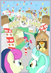 Size: 945x1350 | Tagged: safe, artist:shutterflye, derpibooru import, angel bunny, applejack, bon bon, carrot top, derpy hooves, dinky hooves, fluttershy, golden harvest, lyra heartstrings, pinkie pie, rainbow dash, sweetie drops, twilight sparkle, pegasus, pony, amusement park, balloon, female, mare, muffin, theme park