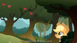 Size: 1344x756 | Tagged: applejack, derpibooru import, ei, hub logo, safe, screencap, solo, the show stoppers, youtube caption