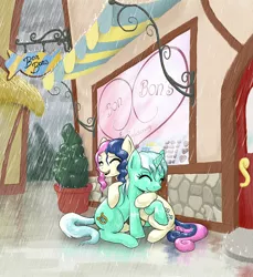 Size: 1100x1200 | Tagged: safe, artist:muffinshire, derpibooru import, bon bon, lyra heartstrings, sweetie drops, earth pony, pony, unicorn, eyes closed, female, hug, lesbian, lyrabon, rain, shipping, smiling, wet mane