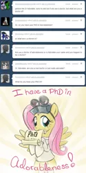 Size: 640x1280 | Tagged: safe, artist:giantmosquito, derpibooru import, fluttershy, pony, ask, ask-dr-adorable, bipedal, clothes, cute, diploma, dr adorable, gloves, goggles, grin, lab coat, looking at you, mouth hold, phd, shyabetes, smiling, spread wings, tumblr