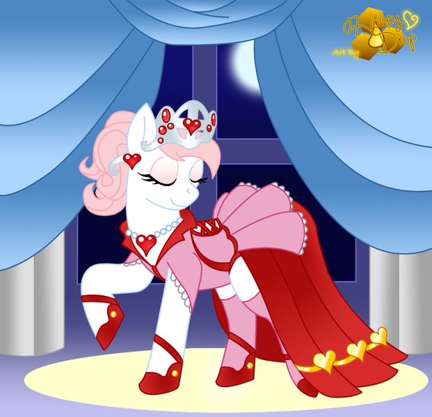 Size: 1023x989 | Tagged: safe, artist:honey-drop, derpibooru import, nurse redheart, earth pony, pony, alternate hairstyle, clothes, dress, earring, eyeshadow, female, gala dress, mare, necklace, shoes, smiling, solo, stockings, tiara