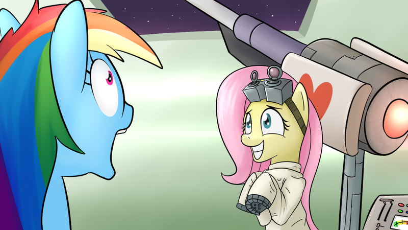 Size: 1280x720 | Tagged: artist:dazko, death ray, derpibooru import, dr adorable, fanart, fluttershy, laser, rainbow dash, safe