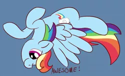 Size: 900x547 | Tagged: safe, artist:whatsapokemon, derpibooru import, rainbow dash, pegasus, pony, awesome, blue background, female, flying, mare, simple background, solo, upside down