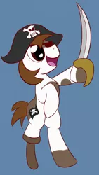 Size: 506x900 | Tagged: safe, artist:whatsapokemon, derpibooru import, pipsqueak, pony, amputee, bicorne, bipedal, hat, peg leg, pirate, prosthetic leg, prosthetic limb, prosthetics, simple background, solo, sword, weapon