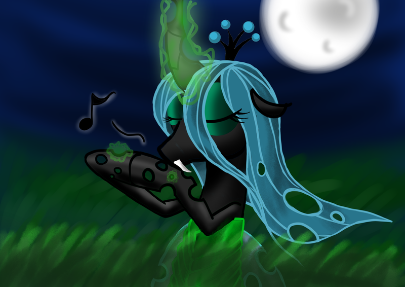 Size: 3507x2480 | Tagged: safe, artist:ls820720, derpibooru import, queen chrysalis, changeling, changeling queen, eyes closed, fangs, female, floppy ears, glowing horn, high res, horn, image, magic, moon, music, music notes, night, png, solo